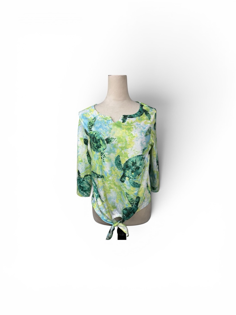 Onque Casuals Green Turtle-Print Tie Hem top size large petite